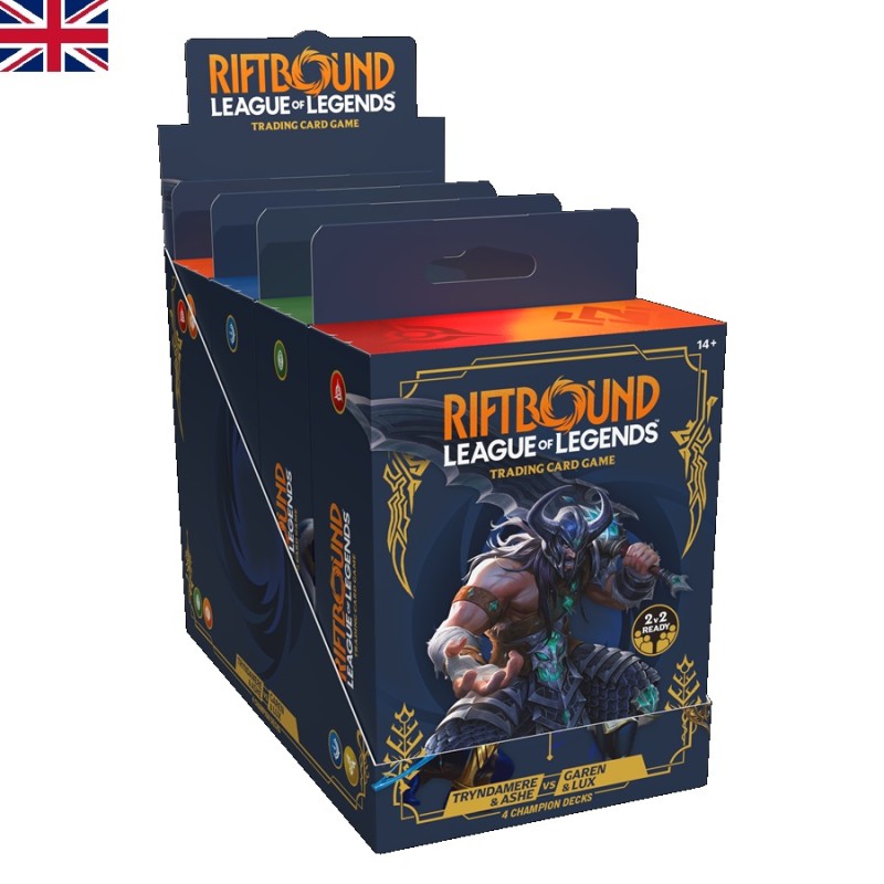 Riftbound League of Legends TCG Legacy Champion Deck Display mit Tryndamere, Ashe, Garen und Lux