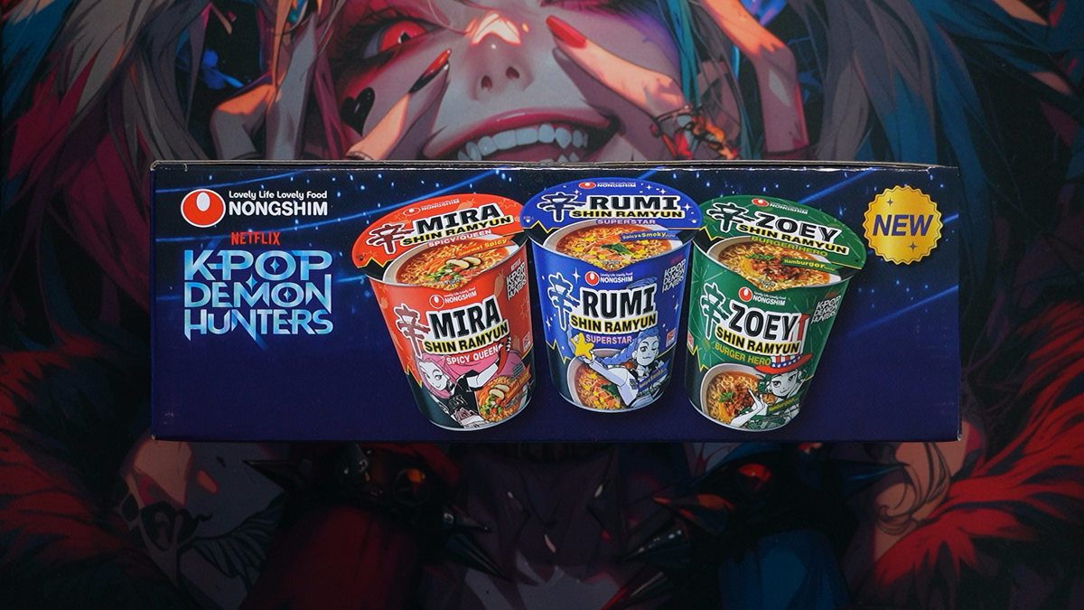 Verpackung des Nongshim HUNTR/X Mixpacks mit Mira, Rumi und Zoey