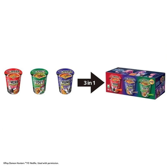 Drei Nongshim HUNTR/X Nudelbecher: Mira Gourmet Spicy, Zoey Hamburger und Rumi Spicy Smoky