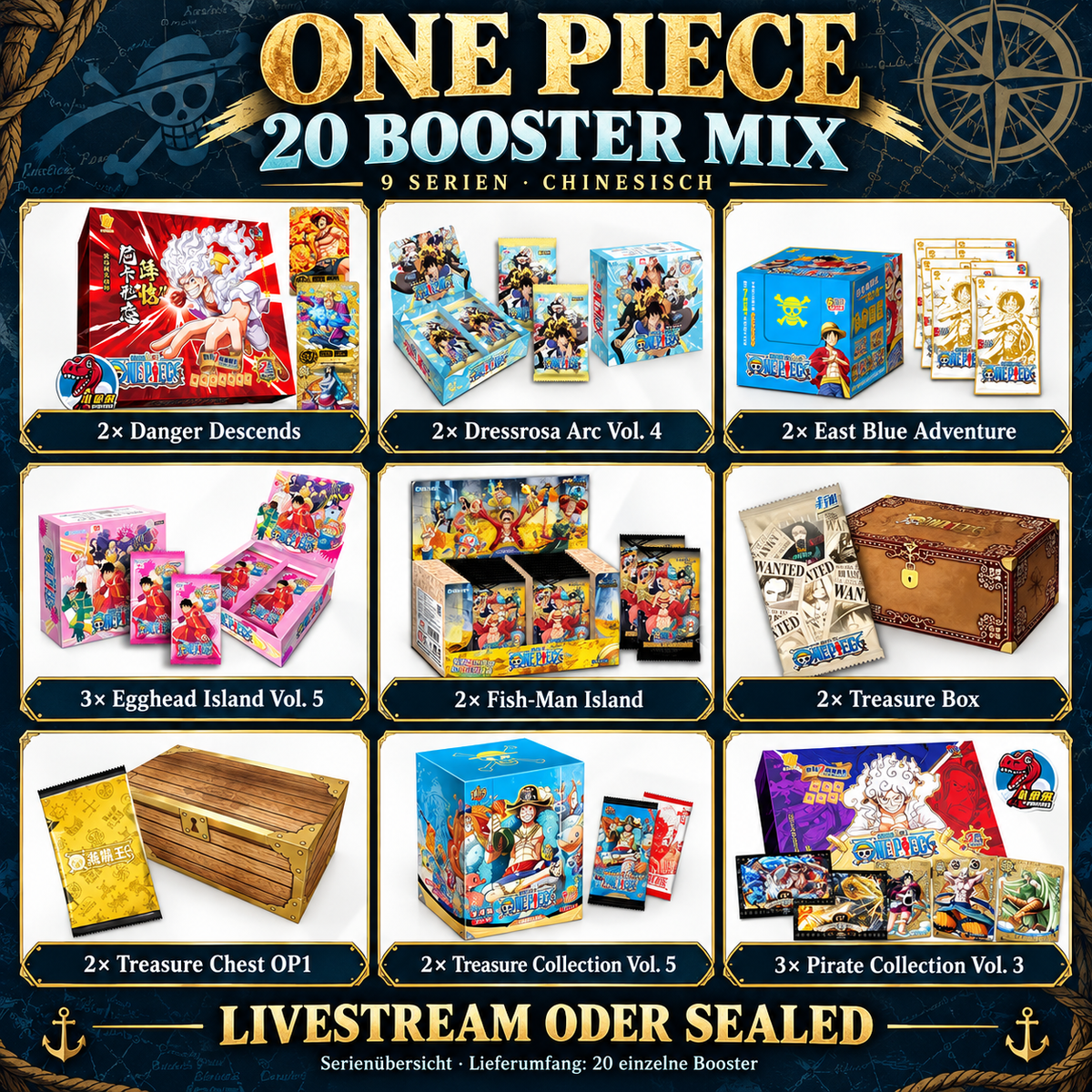 One Piece 20-Booster-Mix aus neun chinesischen Sammelkartenserien – Livestream oder Sealed; Serienübersicht, Lieferumfang 20 einzelne Booster