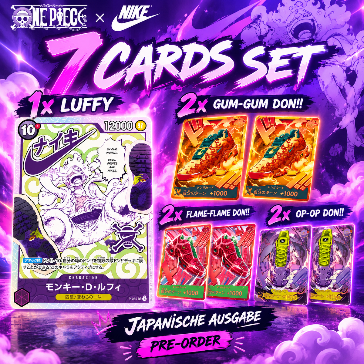 One Piece x Nike Collab Edition 7-Karten-Set Japanisch – 1x Luffy und je 2x DON!!